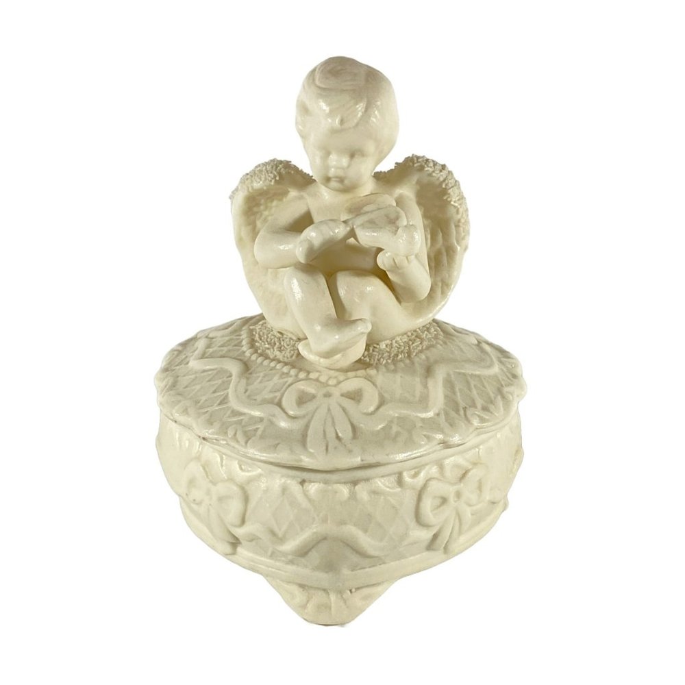 Vintage Snowy Angel Playing Violin Heart Shaped Trinket Box Bisque Porcelain HTF